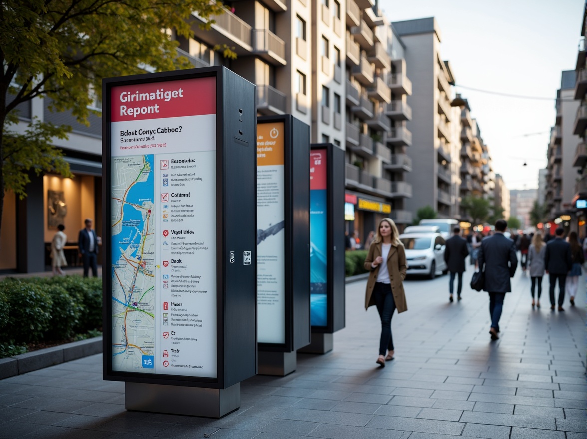 Prompt: Modern wayfinding signage, sleek metal frames, digital displays, interactive kiosks, clear typography, vibrant color schemes, intuitive navigation, pedestrian-friendly infrastructure, urban cityscape, bustling streets, morning commute, soft natural lighting, shallow depth of field, 1/1 composition, realistic textures, ambient occlusion.