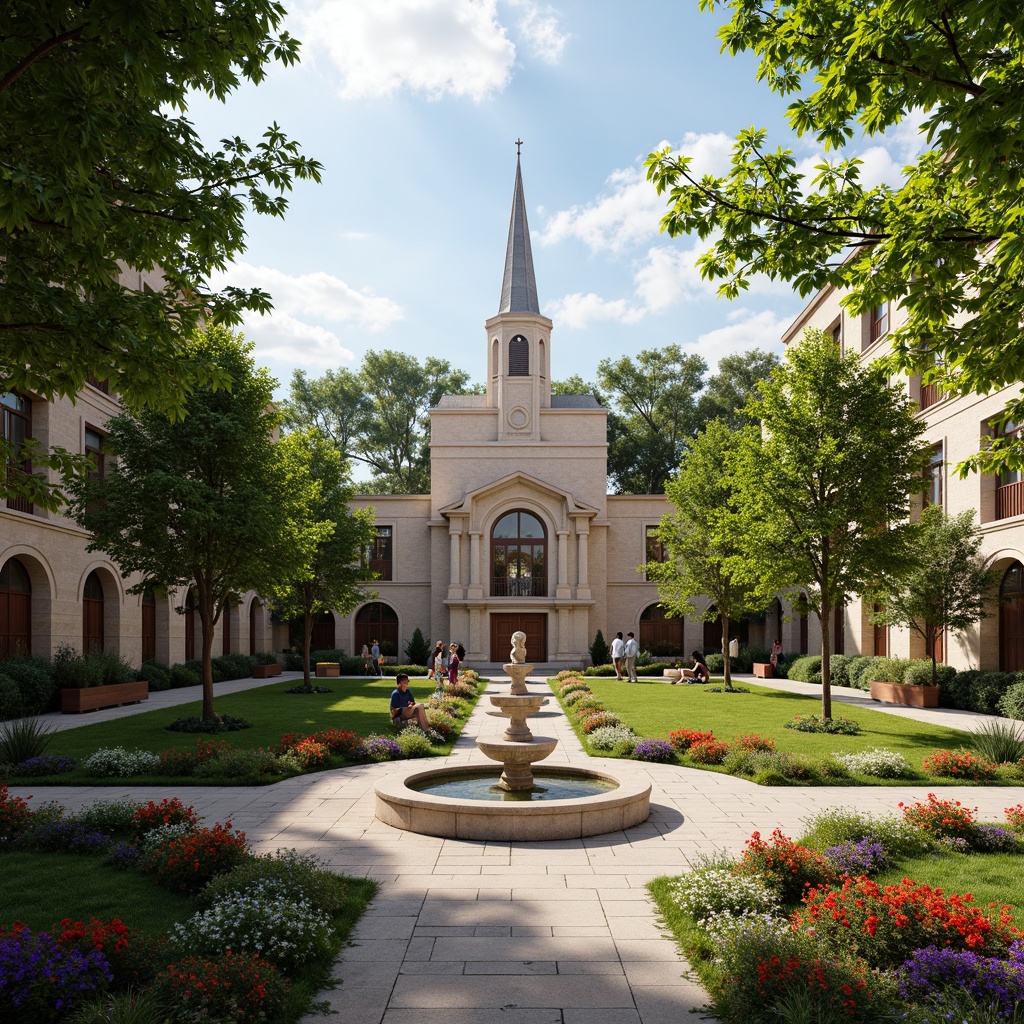 Prompt: \Serene church courtyard, lush greenery, vibrant flowers, ornate fountains, walking paths, benches, classical columns, symmetrical architecture, grand entrance, stone statues, manicured lawns, seasonal blooming plants, sunny day, soft warm lighting, shallow depth of field, 3/4 composition, panoramic view, realistic textures, ambient occlusion.\Let me know if you need any adjustments!