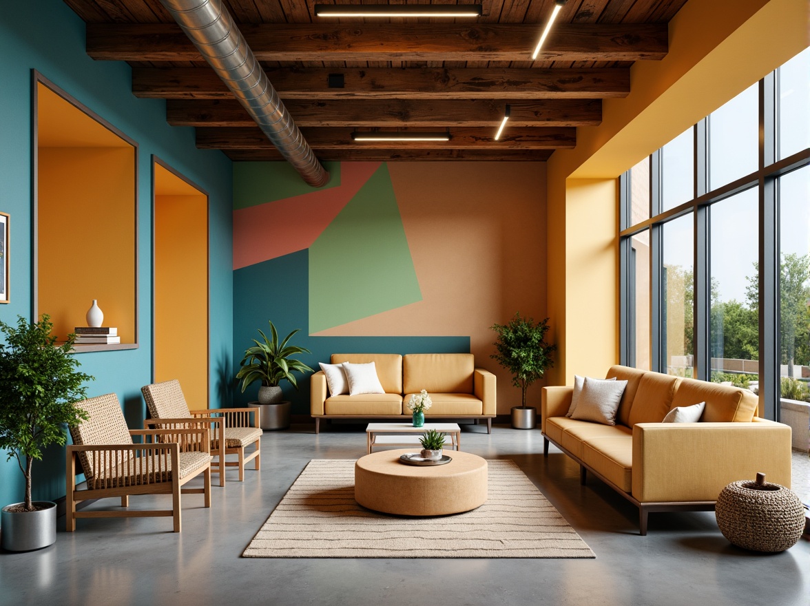 Prompt: Vibrant student lounge, bold accent walls, warm beige furniture, rich wood tones, calming blue-green hues, natural textiles, industrial metal accents, modern minimalist decor, cozy reading nooks, comfortable seating areas, abundant natural light, soft warm lighting, 1/1 composition, realistic textures, ambient occlusion.