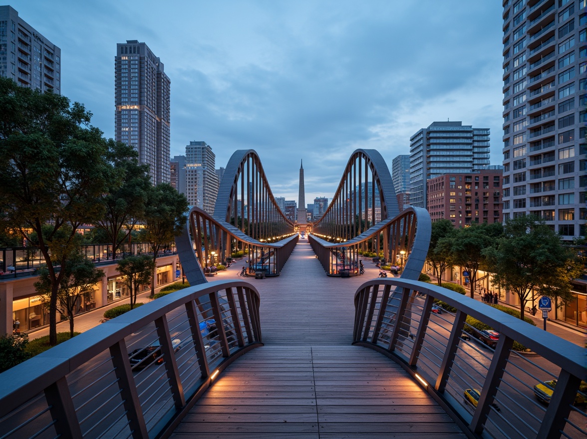 Prompt: Curved pedestrian bridge, sleek metal railings, wooden decking, modern urban landscape, city skyline, vibrant streetlights, bustling streets, dynamic structural elements, cantilevered sections, suspension cables, geometric shapes, minimalist design, functional lighting, safety features, accessible ramps, staircases, observation decks, panoramic views, realistic textures, ambient occlusion, shallow depth of field, 3/4 composition.