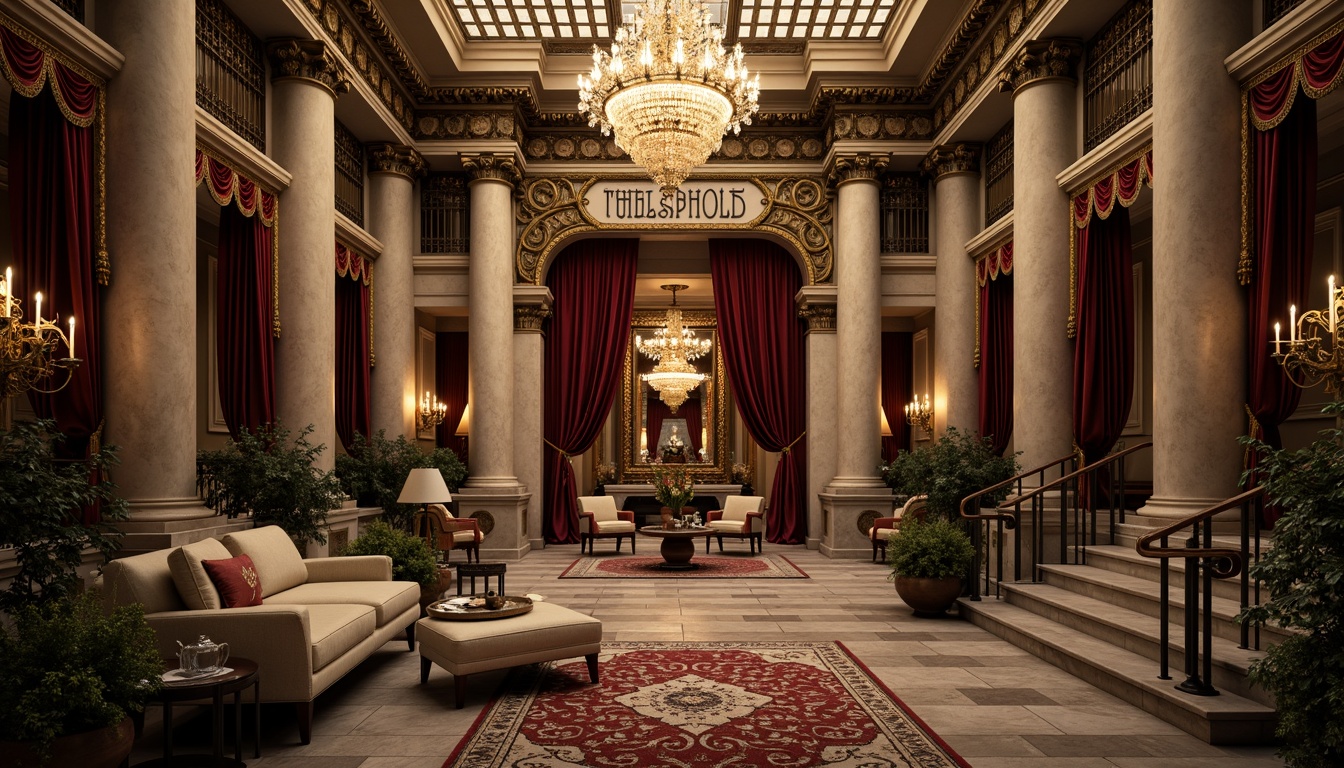 Prompt: Ornate neoclassical building, marble columns, intricately carved stone facades, ornamental metalwork, grandiose entranceways, polished wooden doors, luxurious velvet drapes, gilded frames, crystal chandeliers, richly patterned rugs, opulent furnishings, subtle warm lighting, shallow depth of field, 1/1 composition, realistic textures, ambient occlusion.