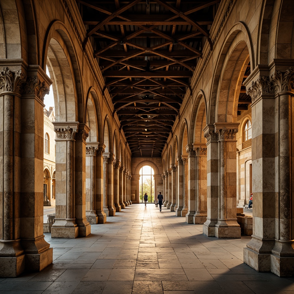 Prompt: Ancient stone columns, ornate capitals, rustic arches, weathered stonework, intricate carvings, grand entranceways, majestic vaulted ceilings, stained glass windows, warm golden lighting, soft focus, shallow depth of field, 1/2 composition, symmetrical framing, rich textures, ambient occlusion, historic landmarks, medieval-inspired architecture, ornamental details, classical proportions, earthy color palette.