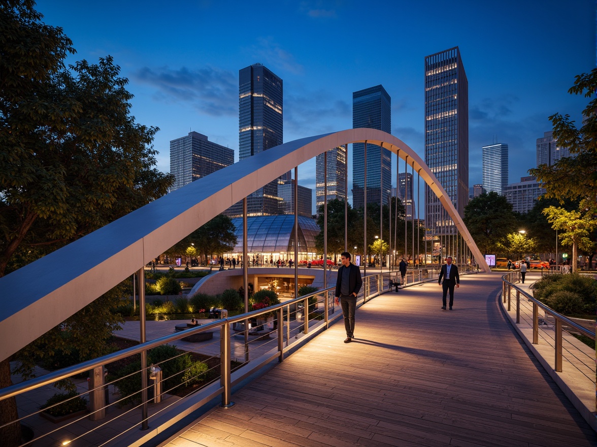 Prompt: Curved pedestrian bridge, sleek metal railings, wooden decking, modern urban landscape, city skyline, vibrant streetlights, bustling streets, dynamic structural elements, cantilevered sections, suspension cables, geometric shapes, minimalist design, functional lighting, safety features, accessible ramps, staircases, observation decks, panoramic views, realistic textures, ambient occlusion, shallow depth of field, 3/4 composition.