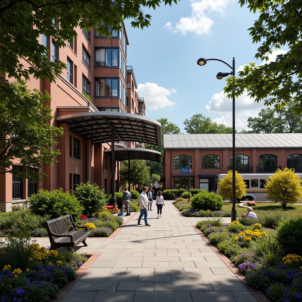 Prompt: Vibrant train station, eclectic landscaping, mixed botanicals, lush greenery, colorful flowers, ornate metal benches, intricate stonework, vintage lamp posts, industrial-chic signage, distressed brick walls, modern glass canopies, grand entrance archways, bustling urban atmosphere, warm sunny day, soft natural lighting, shallow depth of field, 1/2 composition, realistic textures, ambient occlusion.