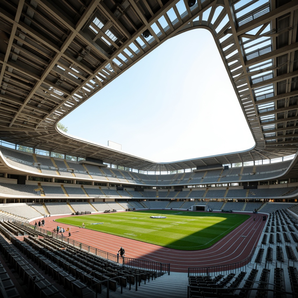 Prompt: Stadium grandstand, athletic tracks, lush green grass, sports equipment, ventilation systems, metal grilles, air intake vents, exhaust fans, natural light, clerestory windows, cantilevered roofs, modern architecture, sleek lines, minimalist design, functional layout, high ceilings, open spaces, airy atmosphere, soft warm lighting, shallow depth of field, 3/4 composition, panoramic view, realistic textures, ambient occlusion.