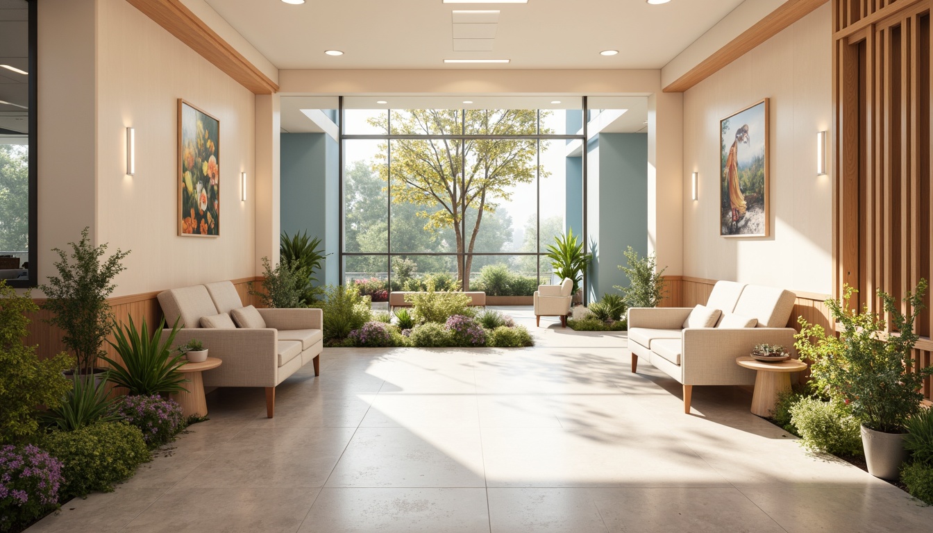 Prompt: Calming hospital interior, soothing color palette, gentle pastel hues, soft peach tones, creamy whites, pale blues, natural wood accents, comfortable seating areas, lush greenery, vibrant flowers, warm lighting, cozy ambiance, relaxing atmosphere, serene patient rooms, peaceful waiting areas, calming corridors, nature-inspired artwork, subtle texture patterns, minimal noise levels, 1/1 composition, soft focus, realistic rendering.