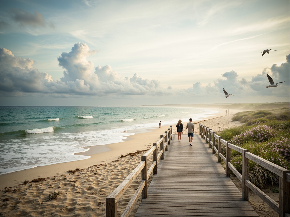 Prompt: Sandy beach, ocean waves, seagulls flying, driftwood accents, weathered wooden decks, nautical ropes, sailboat-inspired railings, calming blue-green color palette, soft pastel hues, creamy whites, warm beige tones, natural textures, woven fibers, sea-salt air, misty mornings, golden sunrises, dramatic cloud formations, 1/2 composition, atmospheric perspective, subtle gradient maps, realistic ocean simulations.