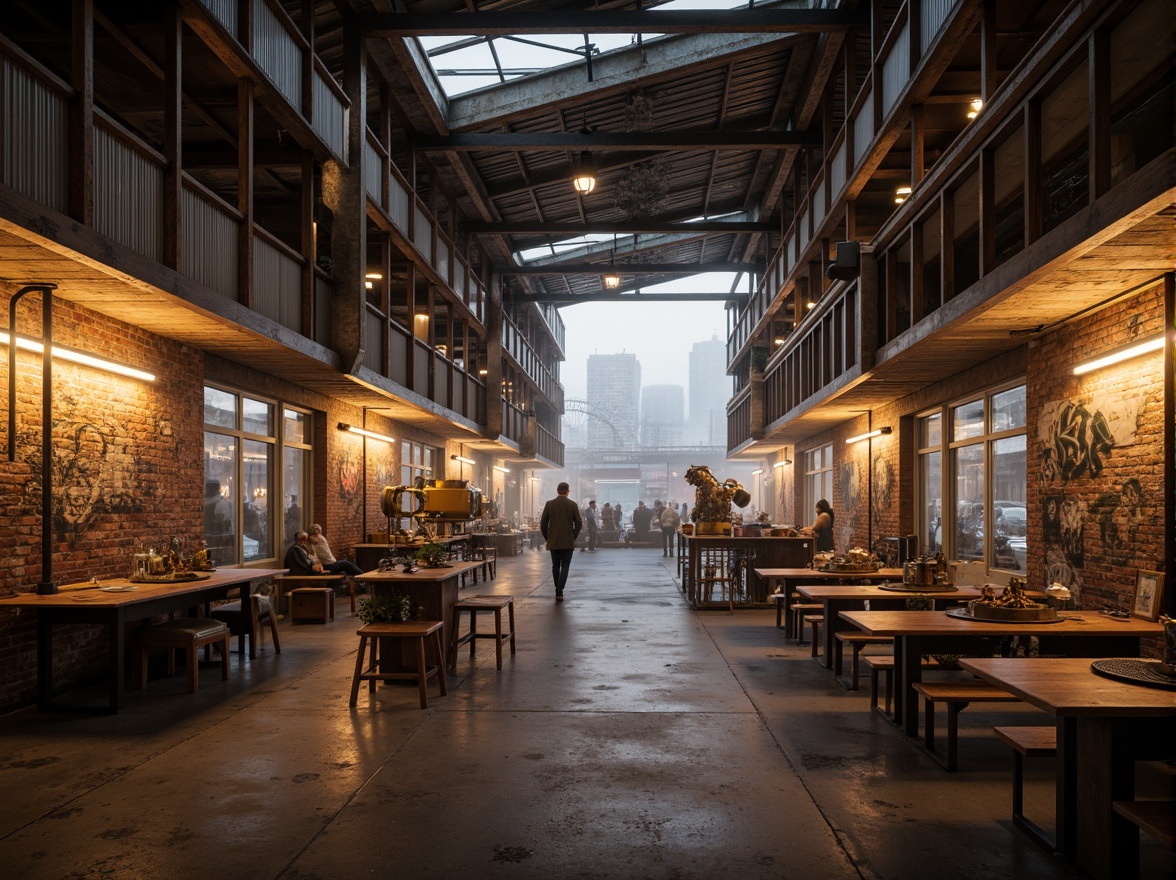 Prompt: Industrial warehouse, exposed brick walls, metallic beams, reclaimed wood accents, neon lights, futuristic machinery, robotic arms, cyberpunk-inspired graffiti, urban cityscape, misty atmosphere, warm golden lighting, shallow depth of field, 1/2 composition, cinematic view, realistic textures, ambient occlusion, rusty metal cladding, corrugated iron sheets, transparent glass roofs, cantilevered structures, angular lines, minimalist design, innovative materials, high-tech gadgets.