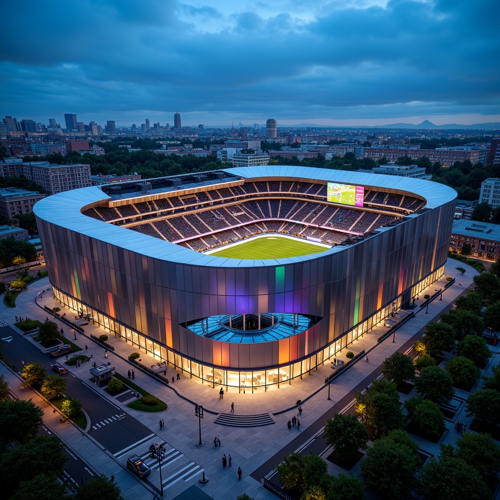 Prompt: Large stadium, curved exterior walls, dynamic cladding systems, metallic panels, reflective surfaces, angular lines, modern architecture, sleek design, vibrant color schemes, LED lighting installations, nighttime ambiance, urban landscape, city skyline, bustling streets, pedestrian walkways, grand entrance gates, ticketing booths, concession stands, sports-themed signage, cantilevered roofs, structural steel frames, reinforced concrete foundations, durable materials, weather-resistant coatings, 3/4 composition, low-angle shot, dramatic lighting, realistic textures.