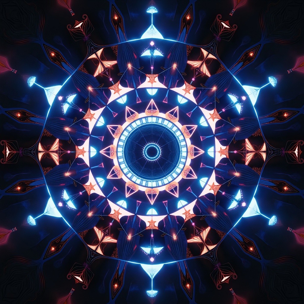 Prompt: Sacred geometry, intricate patterns, symbolic shapes, spiritual architecture, mystical mandalas, vibrant colors, glowing auras, ethereal light, atmospheric mist, ancient wisdom, esoteric knowledge, futuristic structures, neon-lit cityscapes, cyberpunk aesthetics, holographic projections, 3D modeling, abstract compositions, low-poly designs, minimalist forms, sacred symbols, ritualistic patterns, mystical energies, otherworldly landscapes, dreamlike scenarios, surreal atmospheres, cinematic lighting, high-contrast colors.