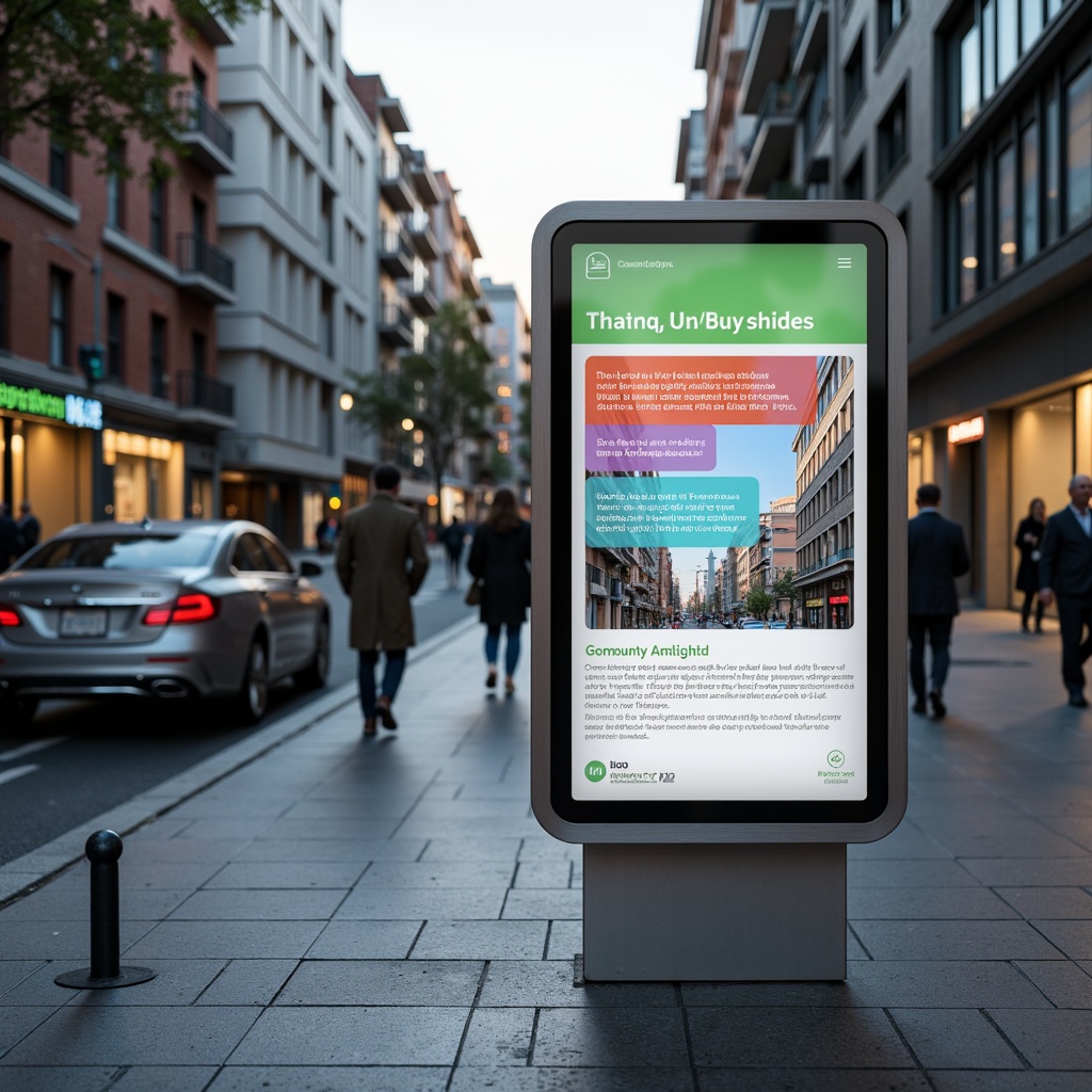 Prompt: Modern wayfinding signage, sleek metal frames, digital displays, interactive kiosks, clear typography, vibrant color schemes, intuitive navigation, pedestrian-friendly infrastructure, urban cityscape, bustling streets, morning commute, soft natural lighting, shallow depth of field, 1/1 composition, realistic textures, ambient occlusion.