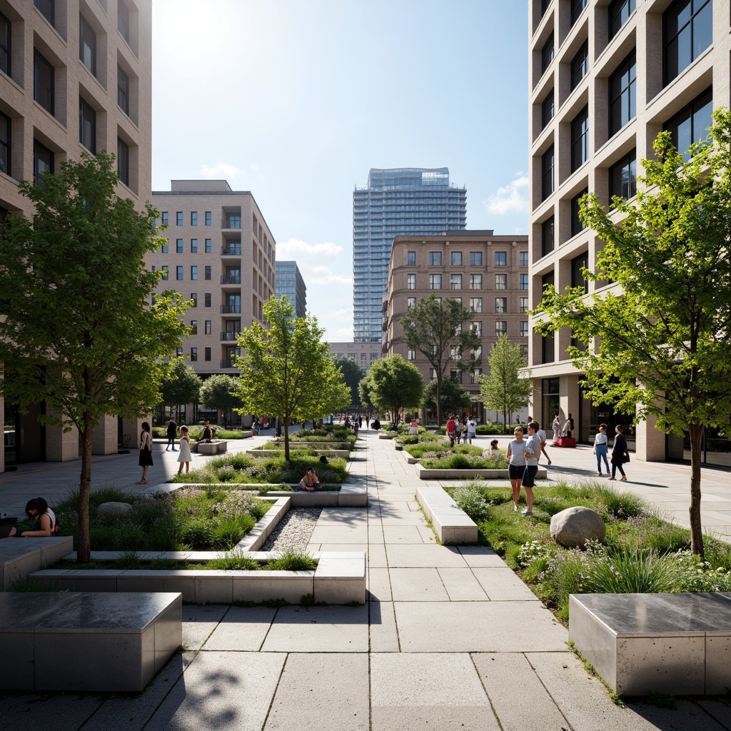 Prompt: Geometric gardens, asymmetrical planters, industrial metal benches, minimalist water features, modernist sculptures, abstract concrete pathways, functionalist building facades, rectangular windows, flat roofs, monochromatic color schemes, bold typography, urban cityscape, sunny day, high contrast lighting, shallow depth of field, 2/3 composition, symmetrical framing, realistic textures, ambient occlusion.