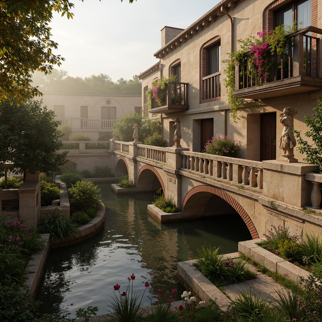 Prompt: Rustic stone bridges, ornate balustrades, weathered wooden railings, warm beige stonework, earthy red brick arches, moss-covered piers, soft golden lighting, misty atmospheric effects, serene river waters, lush greenery, vibrant floral arrangements, intricate carvings, classical architectural details, subtle texture overlays, realistic stone normal maps, cinematic camera angles, 1/2 composition, warm color grading.