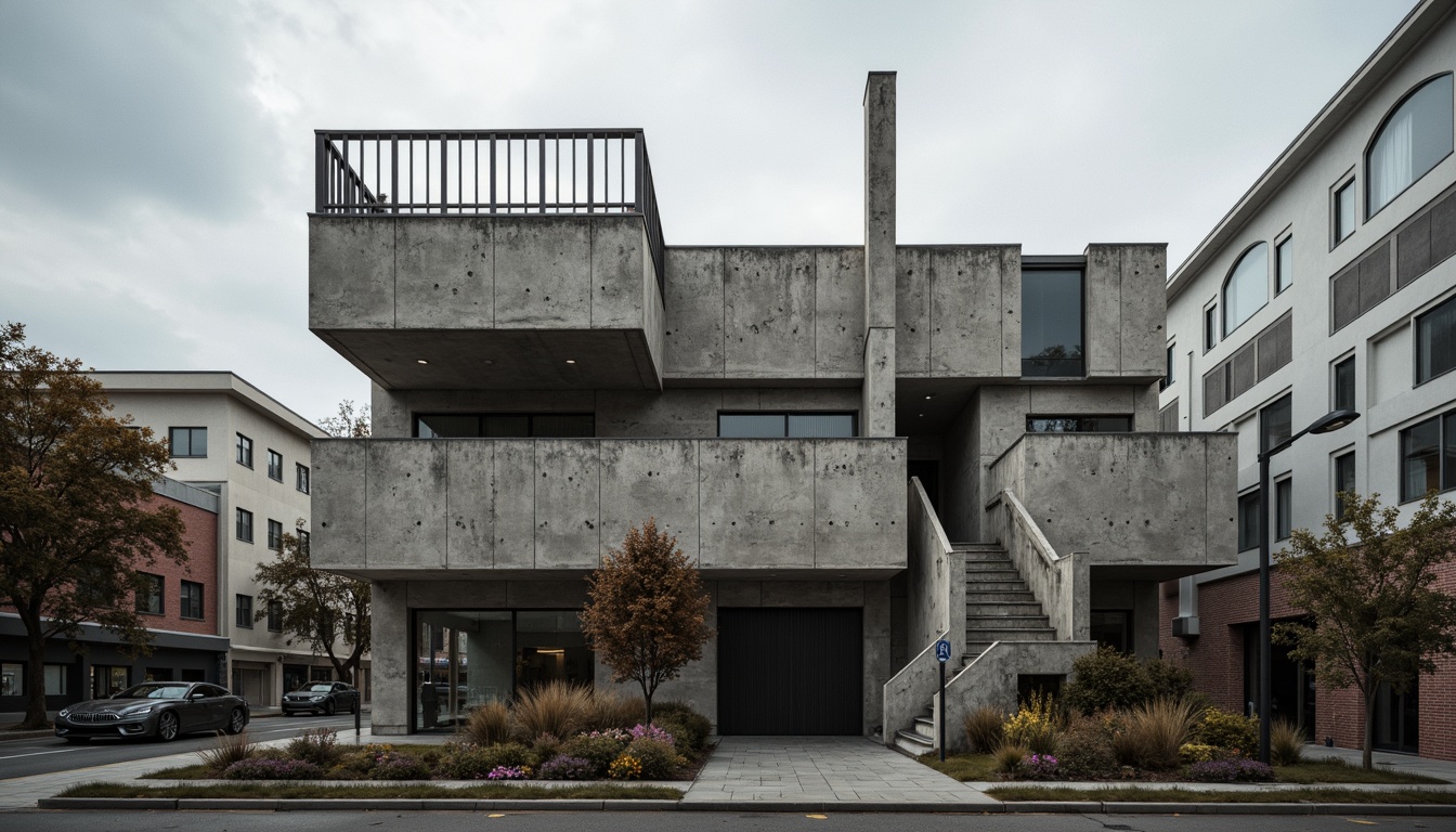 Prompt: Rugged community center, brutalist architecture, raw concrete fa\u00e7ade, fortress-like structure, angular lines, geometric shapes, industrial materials, metal beams, exposed ductwork, urban landscape, cityscape background, overcast sky, dramatic shadows, high-contrast lighting, 1/1 composition, symmetrical framing, abstract textures, ambient occlusion.