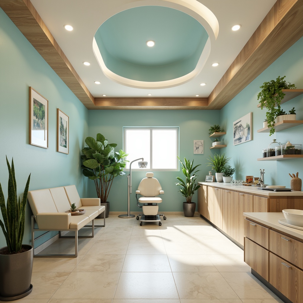 Prompt: Calming dental clinic, soothing blue-green color scheme, creamy whites, warm beige tones, natural wood accents, gentle curves, minimalist decor, modern medical equipment, sleek stainless steel surfaces, comfortable waiting area, lush green plants, soft overhead lighting, shallow depth of field, 1/1 composition, realistic textures, ambient occlusion.