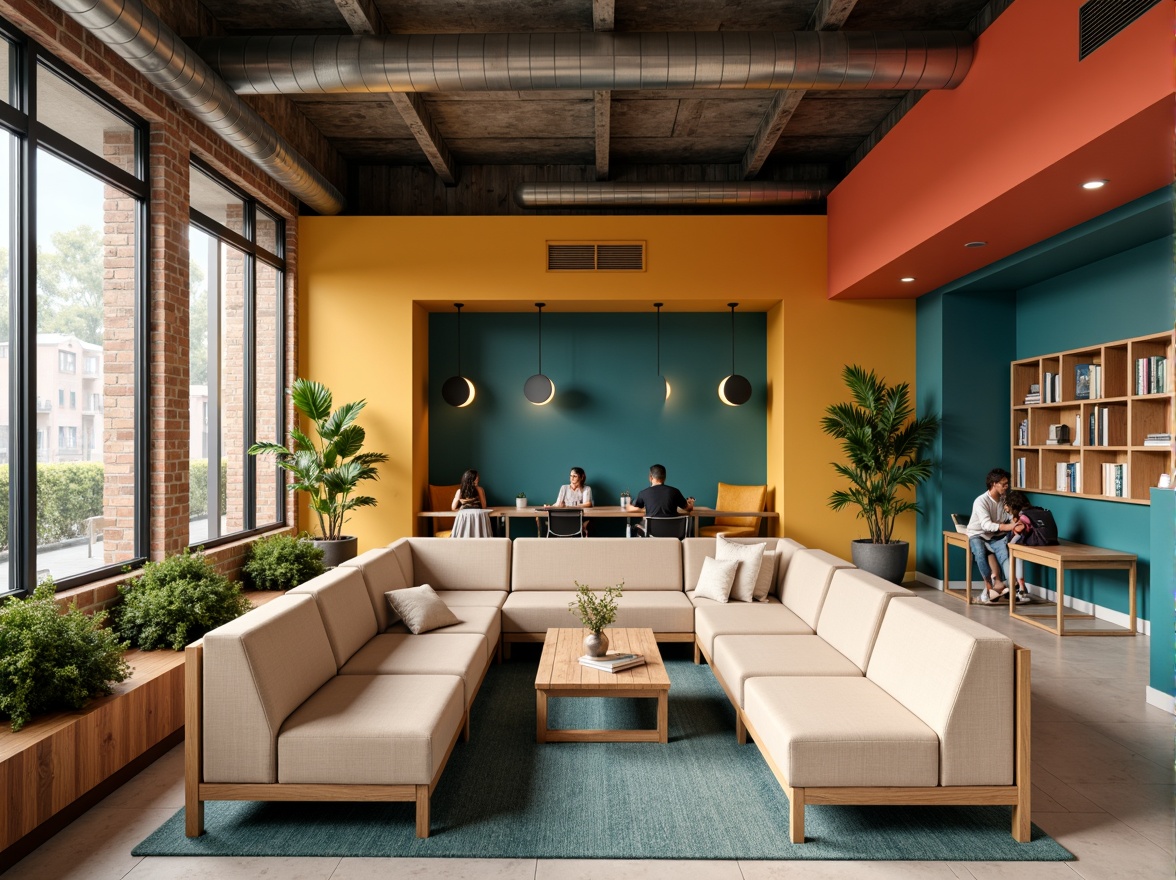 Prompt: Vibrant student lounge, bold accent walls, warm beige furniture, rich wood tones, calming blue-green hues, natural textiles, industrial metal accents, modern minimalist decor, cozy reading nooks, comfortable seating areas, abundant natural light, soft warm lighting, 1/1 composition, realistic textures, ambient occlusion.