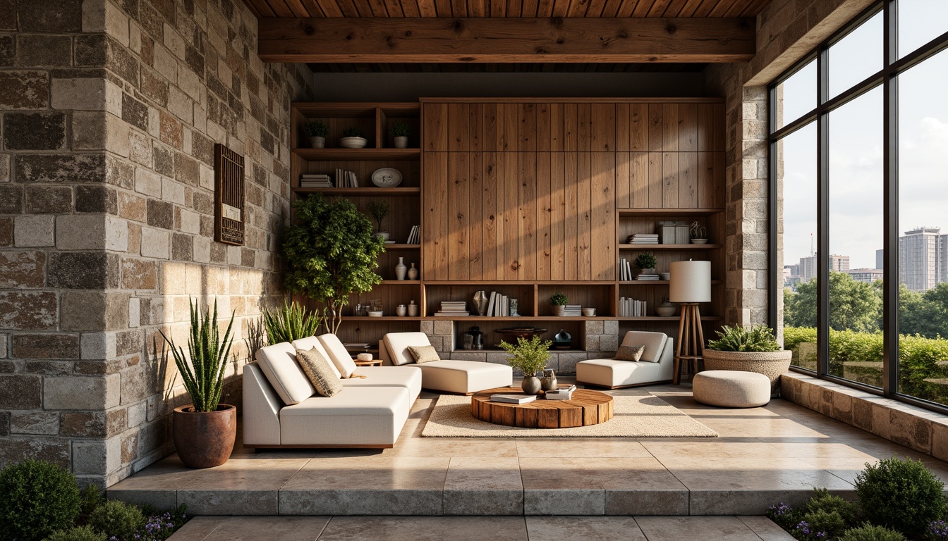 Prompt: Rough stone walls, rustic brick facades, wooden accents, natural wood grain, earthy tones, organic forms, irregular shapes, tactile experiences, 3D modeling, realistic renderings, ambient occlusion, soft warm lighting, shallow depth of field, 2/3 composition, modern architecture, sustainable design, eco-friendly materials, green roofs, living walls, urban landscapes, city skylines, industrial heritage, converted warehouses.