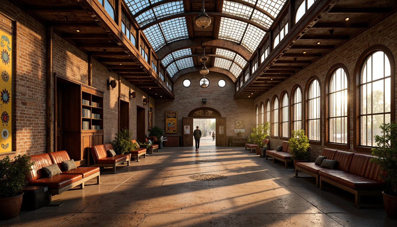 Prompt: Vintage train station, eclectic mix of materials, exposed brick walls, rusty metal beams, reclaimed wood accents, ornate ironwork, stained glass ceilings, intricate tile mosaics, distressed leather benches, antique luggage racks, industrial-style lighting fixtures, warm golden lighting, shallow depth of field, 1/1 composition, realistic textures, ambient occlusion.