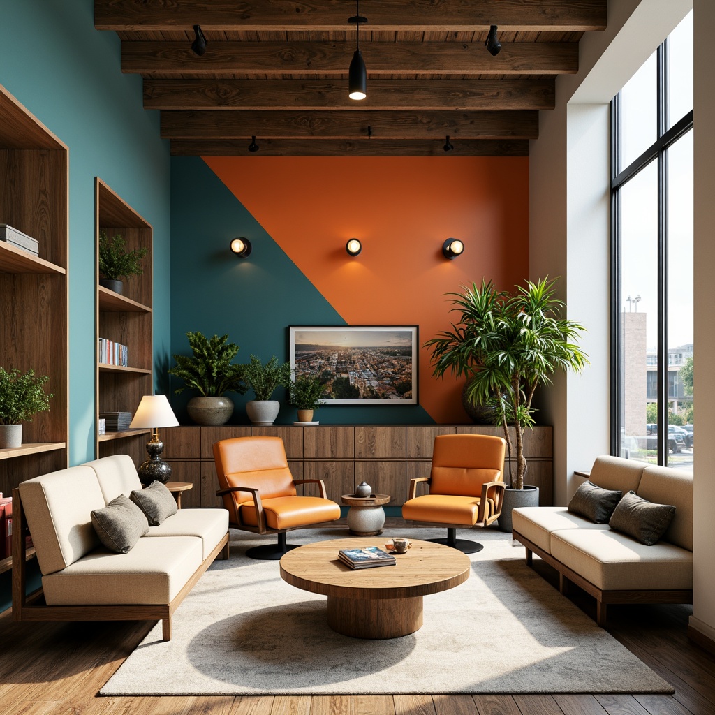 Prompt: Vibrant student lounge, bold accent walls, warm beige furniture, rich wood tones, calming blue-green hues, natural textiles, industrial metal accents, modern minimalist decor, cozy reading nooks, comfortable seating areas, abundant natural light, soft warm lighting, 1/1 composition, realistic textures, ambient occlusion.