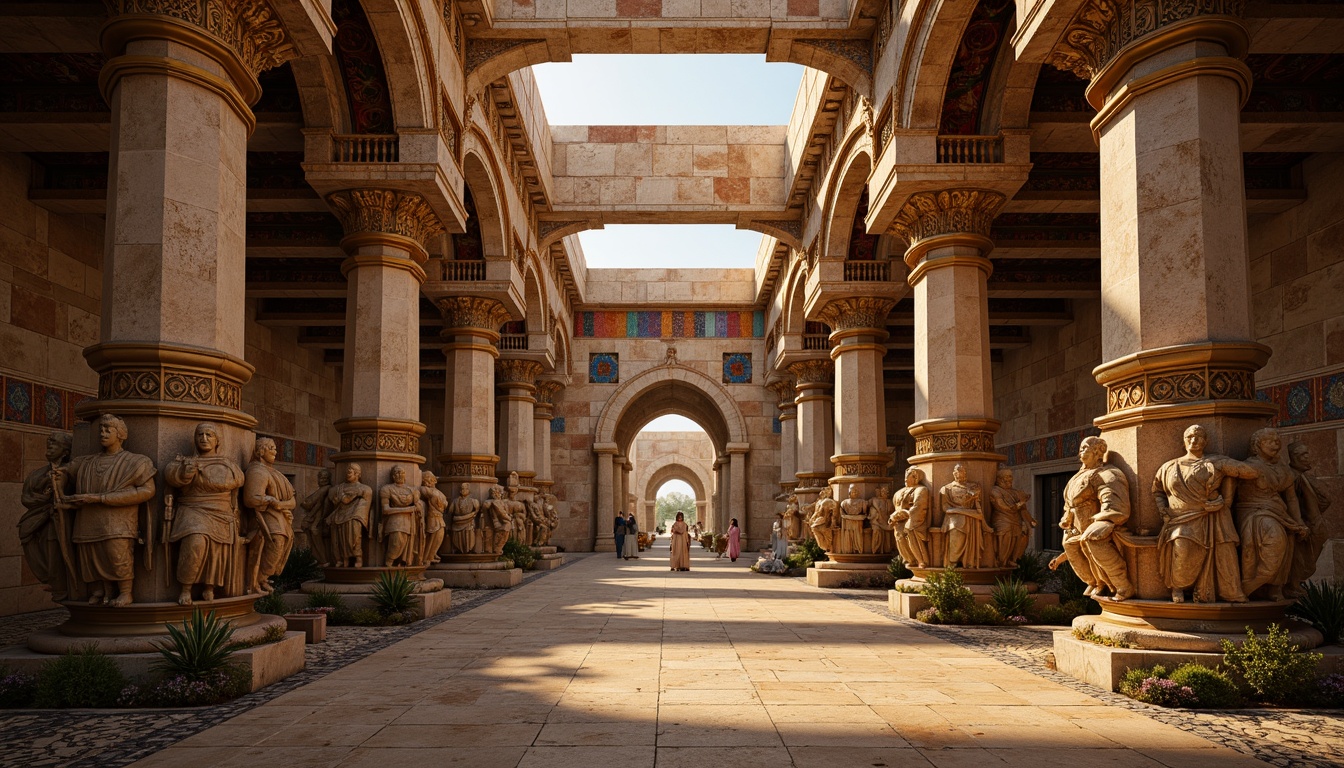 Prompt: Ancient monument ruins, fusion architecture, weathered stone walls, ornate carvings, intricate mosaics, vibrant cultural patterns, rich historical textures, monumental arches, grandiose columns, imposing statues, mystical ambiance, warm golden lighting, dramatic shadows, 1/1 composition, symmetrical framing, realistic render, ambient occlusion, subtle depth of field.