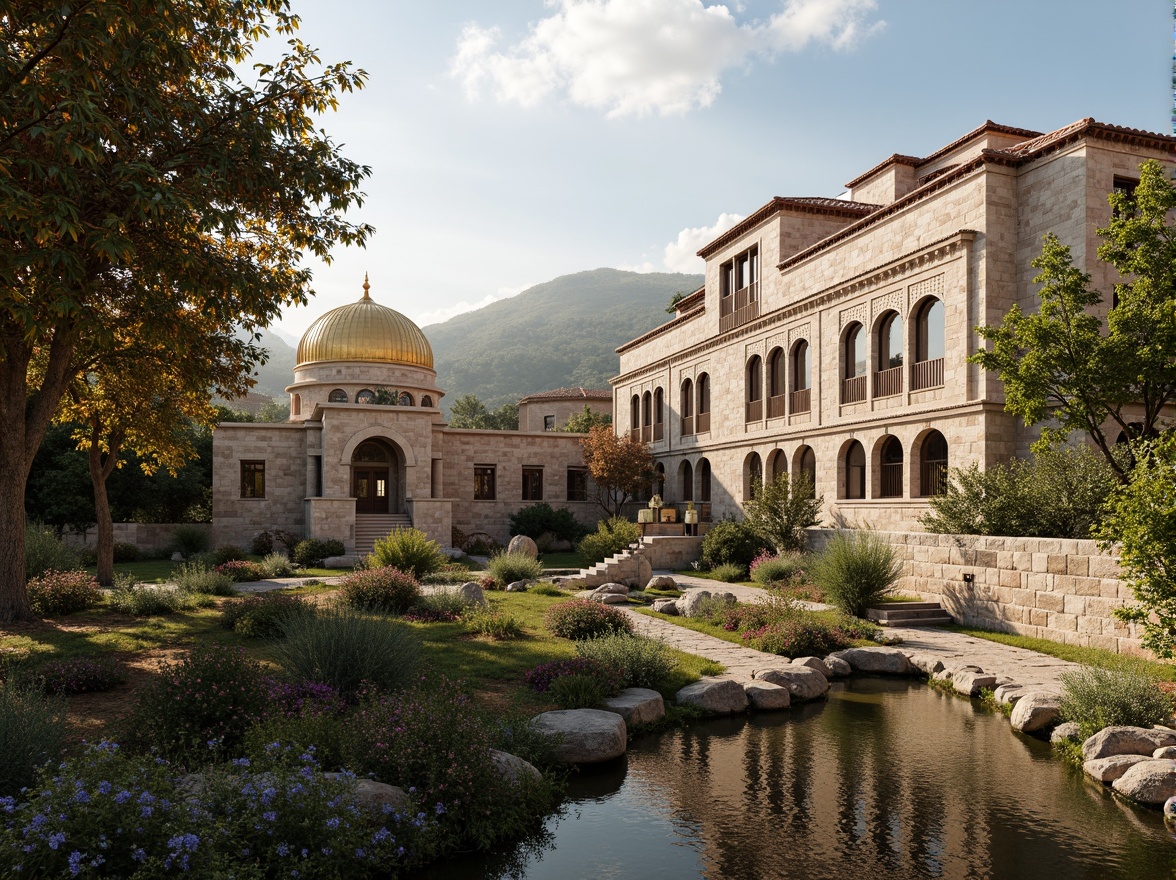 Prompt: Majestic Byzantine-style buildings, intricately carved stone facades, golden domes, ornate mosaics, lush greenery, blooming flowers, serene water features, meandering pathways, rustic stone walls, ancient olive trees, warm Mediterranean sunlight, soft warm lighting, shallow depth of field, 3/4 composition, panoramic view, realistic textures, ambient occlusion.