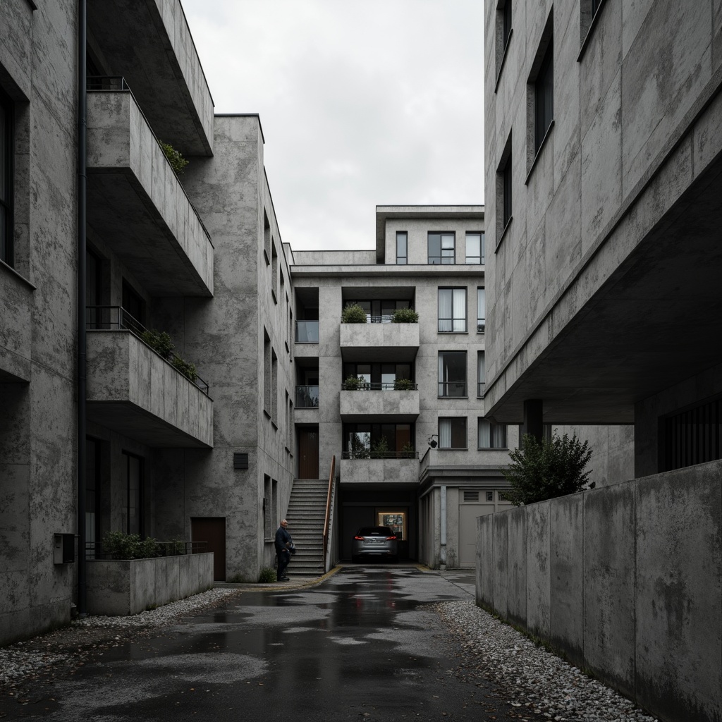 Prompt: Exposed concrete walls, rugged textures, industrial pipes, raw steel beams, minimalist balconies, brutalist architecture, urban cityscape, gloomy overcast sky, dramatic shadows, high-contrast lighting, bold geometric forms, functional simplicity, distressed finishes, poured-in-place concrete, cold monochromatic color palette, 1/1 composition, low-angle shot, cinematic atmosphere, gritty realistic textures.