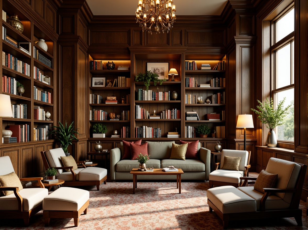 Prompt: Cozy library atmosphere, warm wooden shelves, comfortable reading nooks, soft cushioned chairs, rich leather-bound books, elegant chandeliers, subtle natural light, earthy tone color palette, soothing sage greens, muted terracotta reds, creamy whites, dark walnut wood accents, vintage metal lanterns, ornate wooden paneling, plush area rugs, warm golden lighting, shallow depth of field, 2/3 composition, realistic textures, ambient occlusion.