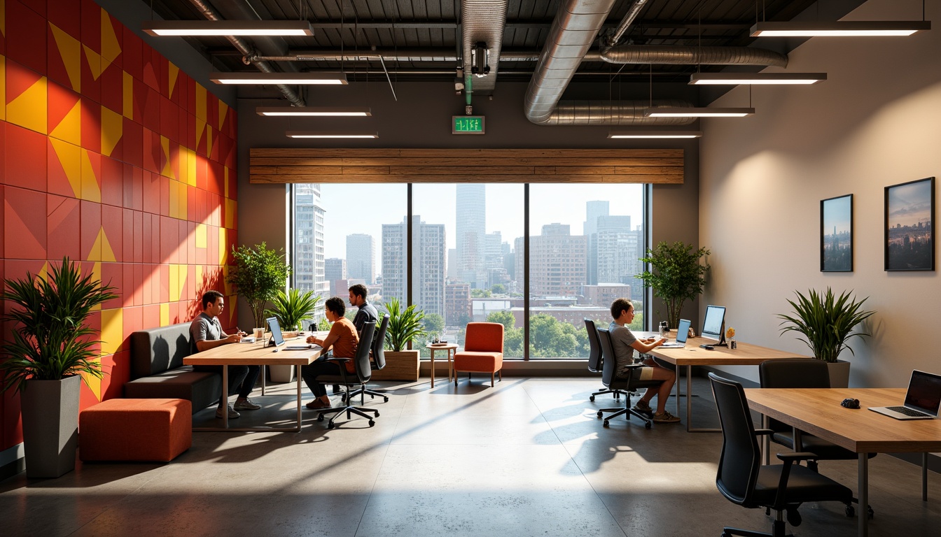 Prompt: Vibrant startup office, modern minimalist decor, bold accent walls, sleek metal furniture, ergonomic chairs, collaborative workspaces, natural wood accents, industrial chic lighting, urban cityscape views, warm sunny day, soft diffused lighting, shallow depth of field, 1/1 composition, realistic textures, ambient occlusion.