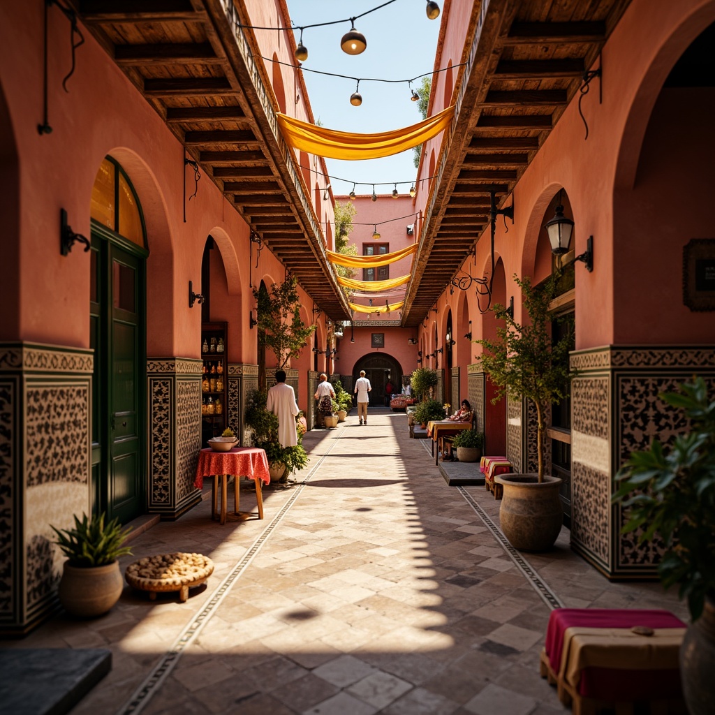 Prompt: Vibrant Moroccan souk, warm terracotta walls, intricately patterned tiles, ornate Islamic architecture, bustling marketplace atmosphere, richly colored fabrics, golden lighting, shallow depth of field, 3/4 composition, panoramic view, realistic textures, ambient occlusion.