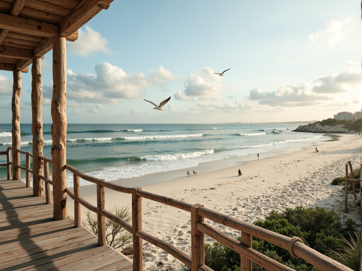 Prompt: Sandy beach, ocean waves, seagulls flying, driftwood accents, weathered wooden decks, nautical ropes, sailboat-inspired railings, calming blue-green color palette, soft pastel hues, creamy whites, warm beige tones, natural textures, woven fibers, sea-salt air, misty mornings, golden sunrises, dramatic cloud formations, 1/2 composition, atmospheric perspective, subtle gradient maps, realistic ocean simulations.