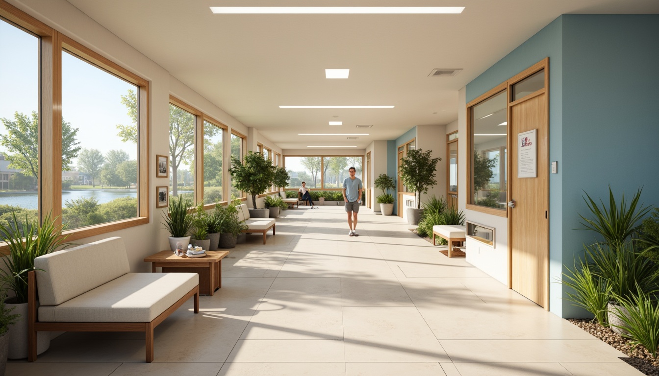 Prompt: Calming hospital corridors, soft pastel hues, gentle cream walls, soothing blue accents, natural wood tones, warm beige flooring, comfortable seating areas, lush green plants, calming water features, peaceful ambient lighting, subtle texture variations, 1/1 composition, shallow depth of field, realistic renderings, ambient occlusion.