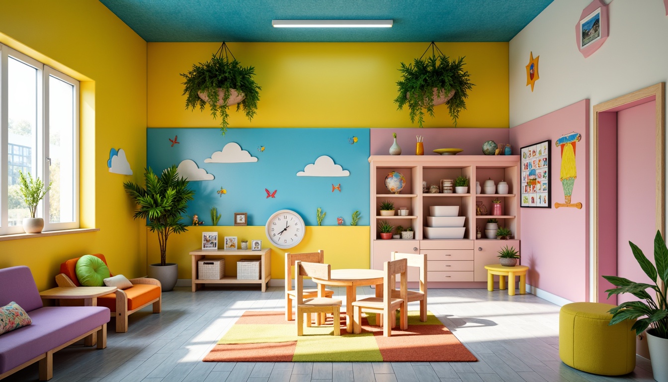 Prompt: Vibrant kindergarten interior, playful color scheme, bright yellow walls, sky blue accents, soft pink furniture, greenery installations, educational murals, alphabet decorations, geometric shapes, wooden tables, tiny chairs, colorful rugs, natural light pouring in, warm atmosphere, shallow depth of field, 1/1 composition, realistic textures, ambient occlusion.