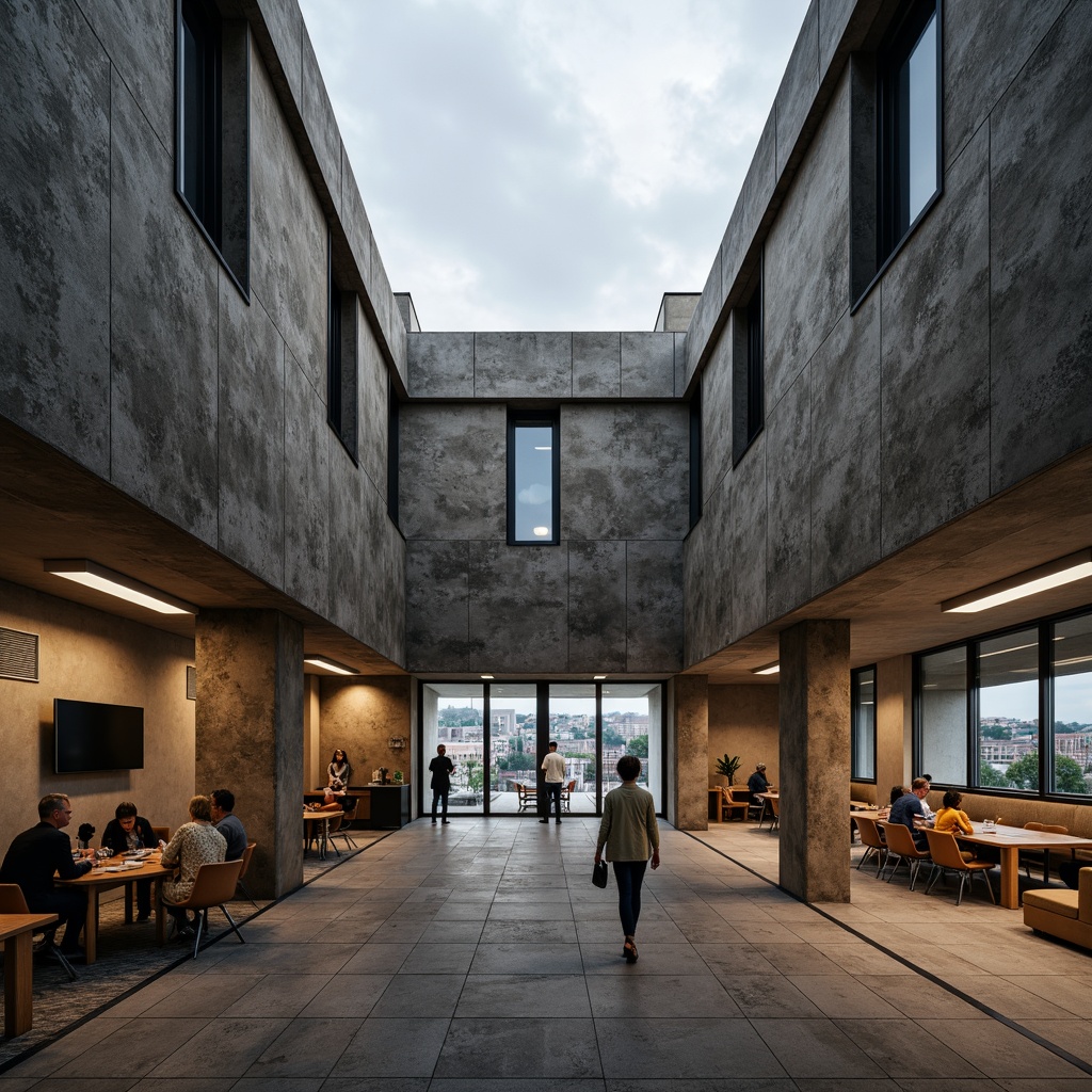 Prompt: Rugged community center, brutalist architecture, raw concrete walls, exposed ductwork, industrial-style lighting, open floor plan, minimalist decor, functional spaces, communal areas, natural stone flooring, reclaimed wood accents, urban landscape views, overcast sky, dramatic shadows, high-contrast lighting, 1/2 composition, symmetrical framing, gritty textures, ambient occlusion.