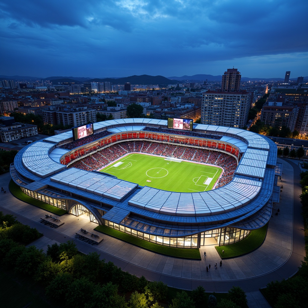 Prompt: Vibrant soccer stadium, dynamic curvaceous lines, sleek metallic fa\u00e7ade, LED lighting displays, transparent glass walls, cantilevered roofs, open-air concourses, grand entrance gates, iconic arches, bold color schemes, geometric patterns, futuristic architecture, state-of-the-art scoreboards, panoramic views, atmospheric misting systems, lush greenery, urban landscape integration, modern amenities, comfortable seating areas, dramatic nighttime illumination, shallow depth of field, 3/4 composition.