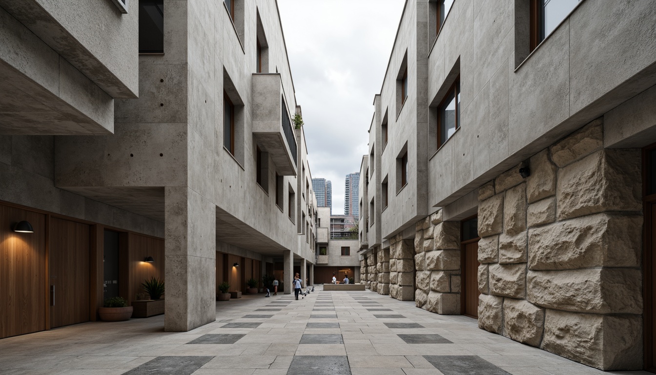 Prompt: Rough-hewn concrete walls, rugged stone facades, brutalist community center, angular geometric shapes, fortress-like structures, raw industrial materials, exposed ductwork, minimalist interior design, functional spaces, natural light pouring in, urban cityscape backdrop, overcast skies, dramatic shadows, high-contrast lighting, 1/1 composition, symmetrical framing, gritty realistic textures, ambient occlusion.