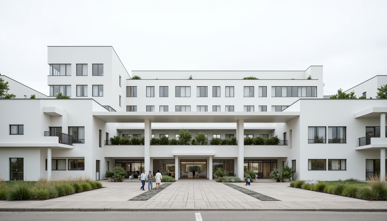 Prompt: Clean hospital facade, minimalist architecture, simple rectangular forms, flat roofs, neutral color palette, white walls, large windows, sliding glass doors, subtle metal frames, horizontal lines, minimal ornamentation, functional design, energy-efficient systems, green roofs, rainwater harvesting systems, natural ventilation, soft diffused lighting, 1/1 composition, realistic materials, ambient occlusion.