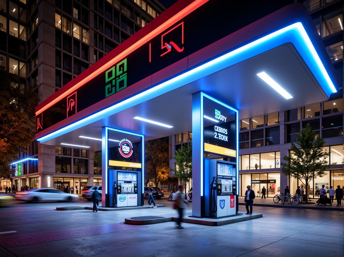 Prompt: Vibrant gas station, bold color scheme, bright LED lights, neon signs, modern fuel pumps, sleek metal canopies, glossy paint finishes, reflective glass surfaces, angular lines, dynamic shapes, urban cityscape, busy streets, rush hour atmosphere, warm sunny day, shallow depth of field, 1/1 composition, realistic textures, ambient occlusion.