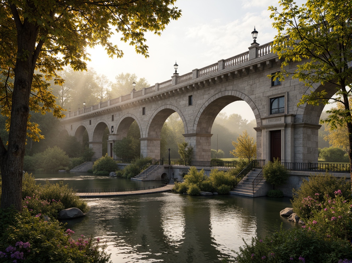 Prompt: Ancient stone bridges, ornate balustrades, rustic arches, weathered stonework, moss-covered piers, tranquil water reflections, serene riverbanks, lush greenery, vibrant flowers, historic lamp posts, decorative ironwork, grandiose entranceways, symmetrical composition, warm golden lighting, soft misty atmosphere, 1/2 composition, realistic textures, ambient occlusion.