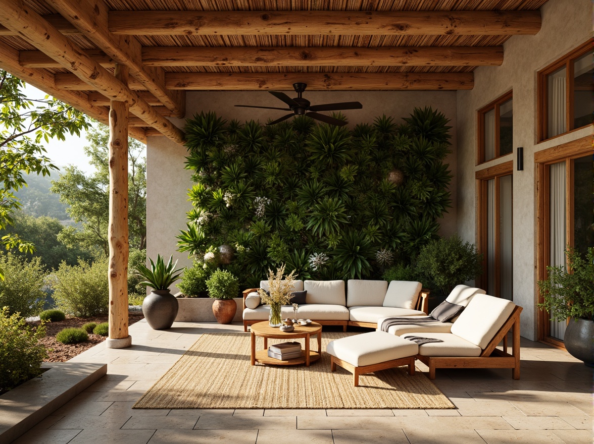 Prompt: Earthy tones, reclaimed wood accents, living green walls, organic shapes, natural stone flooring, bamboo textures, woven rattan furniture, eco-friendly materials, sustainable architecture, minimalist design, abundant natural light, soft warm ambiance, shallow depth of field, 1/1 composition, realistic rendering, ambient occlusion.