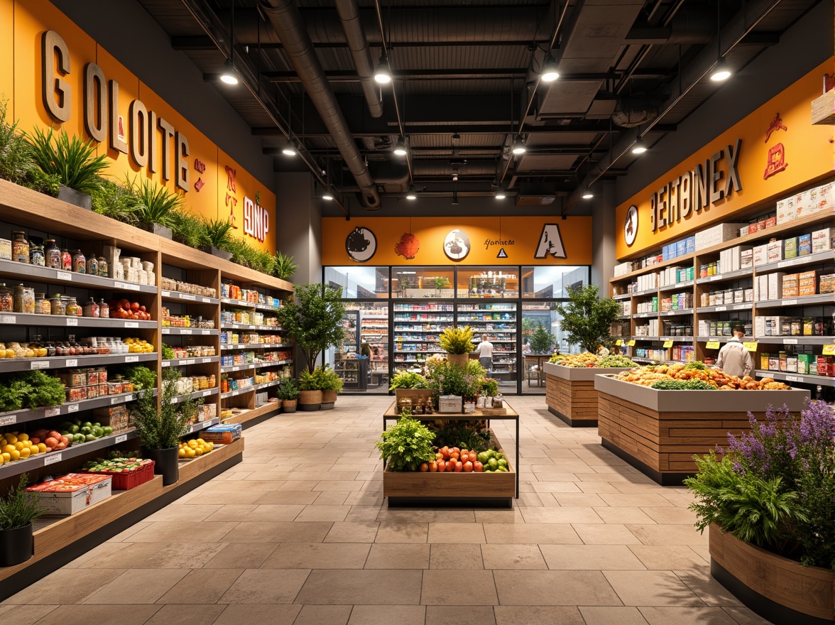 Prompt: Vibrant grocery store interior, warm beige walls, rich wood accents, fresh greenery, natural stone flooring, earthy terracotta tiles, bright LED lighting, colorful product displays, modern shelving units, sleek metal fixtures, bold signage, lively orange and yellow hues, calming blue tones, inviting atmosphere, shallow depth of field, 1/1 composition, realistic textures, ambient occlusion.