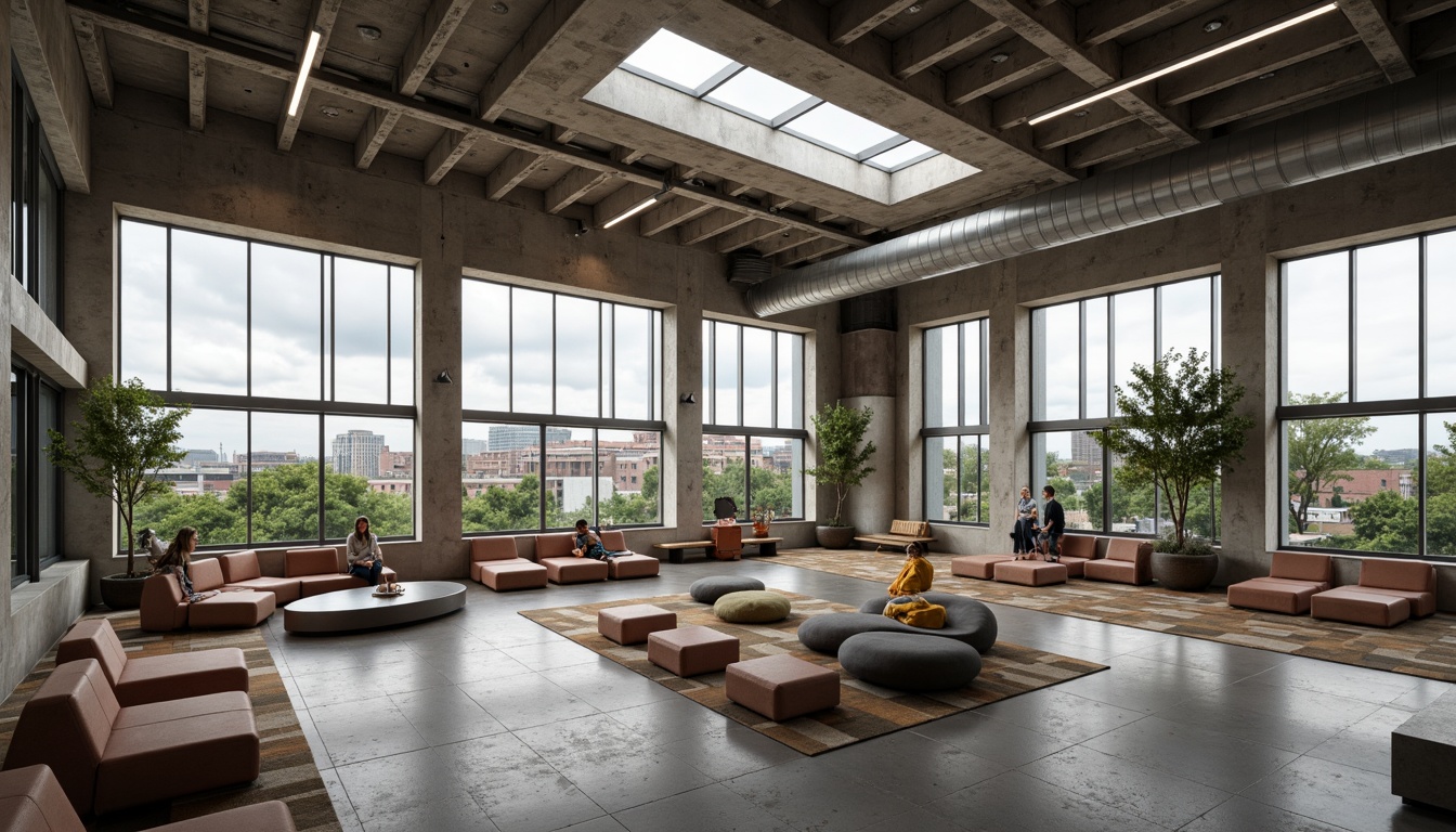 Prompt: Rugged community center, brutalist architecture, raw concrete walls, exposed ductwork, industrial metal beams, minimalist decor, abundant natural light, clerestory windows, skylights, open floor plan, communal gathering spaces, urban landscape views, gritty cityscape, overcast sky, soft diffused lighting, high contrast shadows, dramatic architectural angles, 1/1 composition, realistic textures, ambient occlusion.