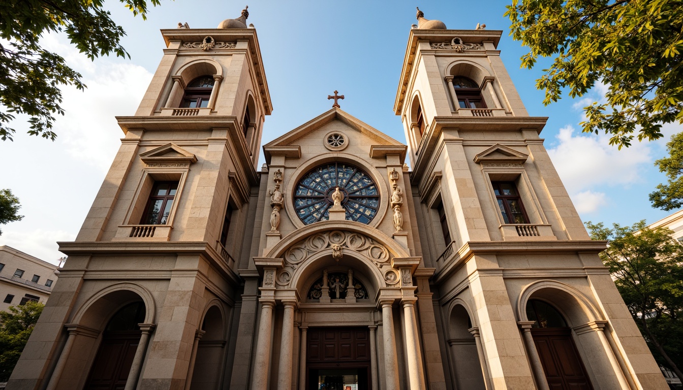 Prompt: Grandiose church facade, ornate stone carvings, symmetrical composition, soaring bell towers, intricate stained glass windows, majestic entrance archways, rusticated quoins, Corinthian columns, decorative pilasters, ornamental pediments, subtle weathered stone textures, warm golden lighting, soft focus, shallow depth of field, 2/3 composition, realistic architectural details, ambient occlusion.