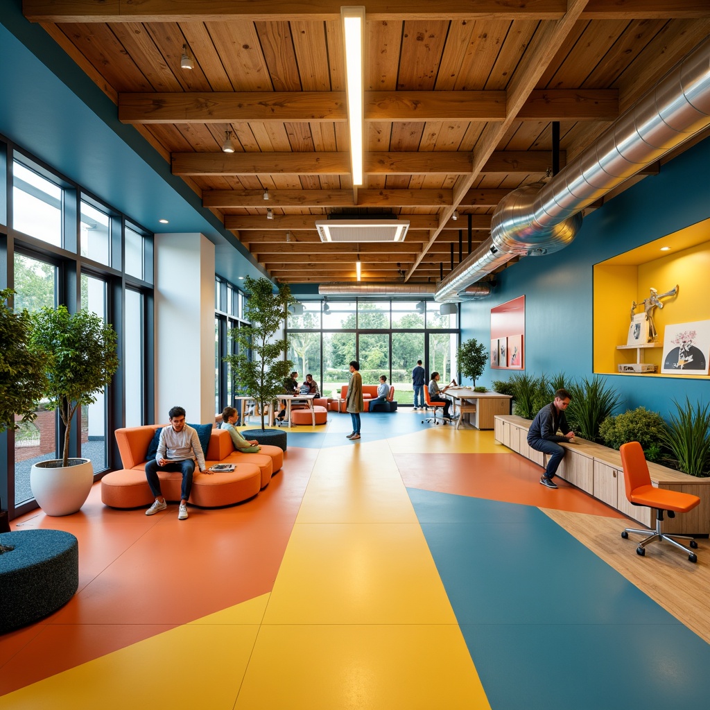 Prompt: Vibrant creative learning space, bold color scheme, stimulating yellow accents, calming blue undertones, energetic orange hues, inspiring greenery, natural wood textures, modern minimalist furniture, sleek metal fixtures, innovative lighting systems, flexible modular layouts, collaborative workstations, cozy reading nooks, interactive digital displays, engaging educational graphics, playful geometric patterns, soft warm lighting, shallow depth of field, 3/4 composition, panoramic view, realistic textures, ambient occlusion.