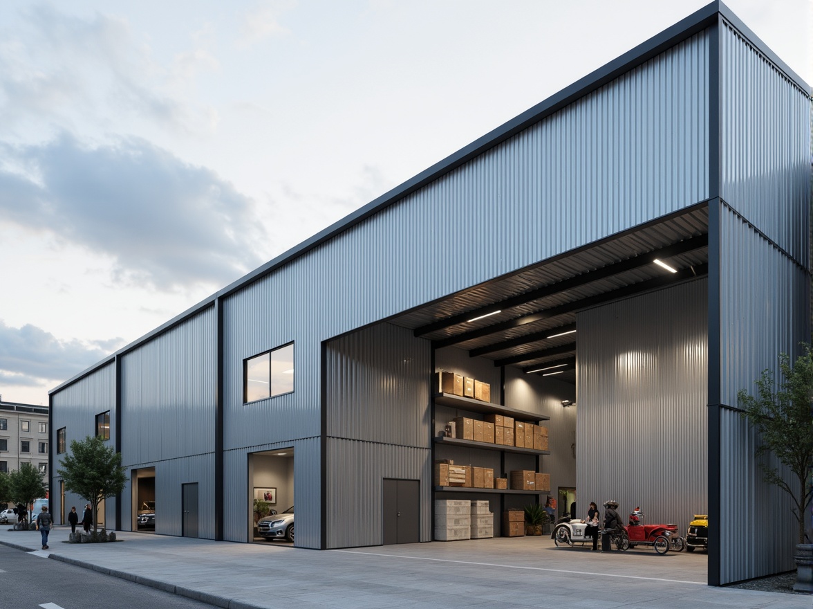 Prompt: Industrial warehouse, galvanized steel structure, corrugated metal roofing, silver-gray finish, exposed ductwork, concrete flooring, functional lighting, minimal decor, urban landscape, cloudy sky, soft diffused light, shallow depth of field, 1/1 composition, realistic textures, ambient occlusion.