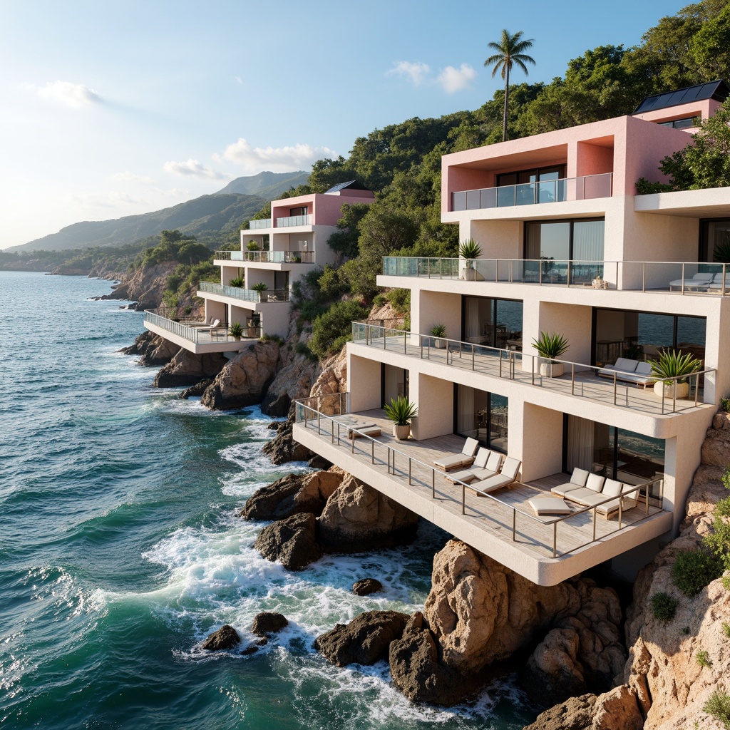 Prompt: Wave-crashing coastline, salty sea air, rugged cliffside, modern coastal architecture, undulating fa\u00e7ades, wavy balconies, ocean-inspired railings, driftwood accents, weathered wooden planks, beachy color palette, soft blue hues, creamy whites, coral pinks, large windows, sliding glass doors, natural ventilation systems, solar panels, green roofs, eco-friendly materials, cantilevered structures, dramatic overhangs, 3/4 composition, panoramic view, realistic textures, ambient occlusion.