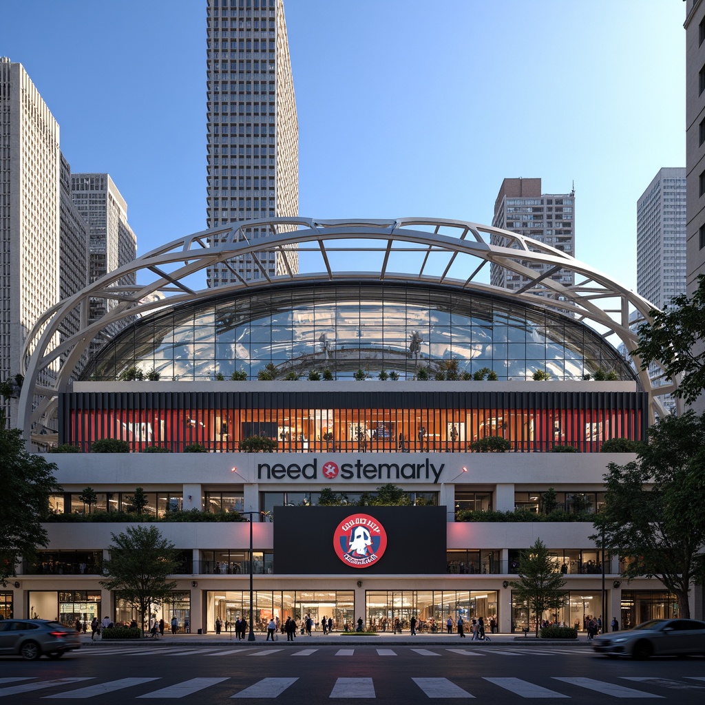 Prompt: Dynamic soccer stadium facade, undulating curves, parametric design, LED light installations, vibrant team colors, sleek metal cladding, transparent glass walls, cantilevered roofs, grand entrance archways, urban cityscape backdrop, bustling streets, modern skyscrapers, sunny afternoon, dramatic shadowing, high-contrast lighting, 1/2 composition, symmetrical framing, realistic reflections, ambient occlusion.