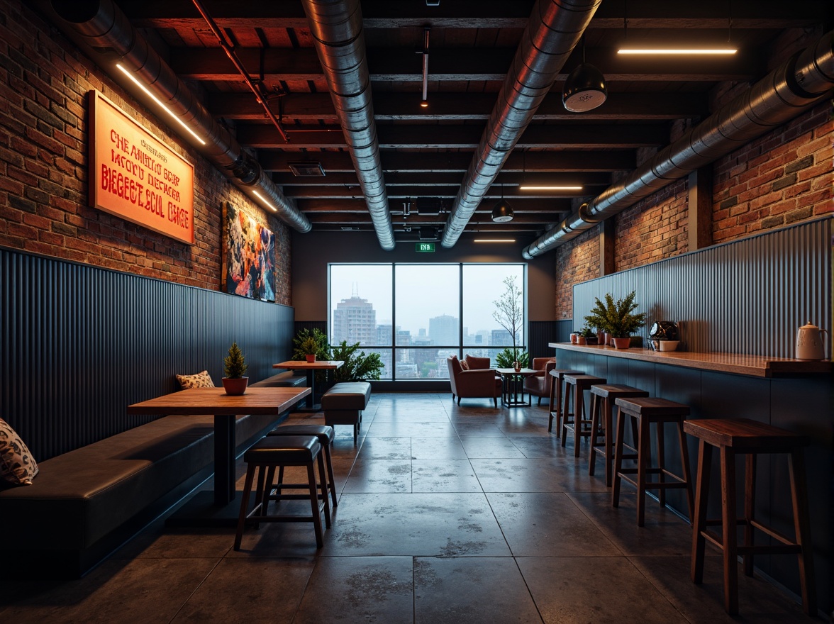 Prompt: Exposed brick walls, distressed concrete floors, metallic beams, industrial pipes, reclaimed wood accents, corrugated metal cladding, neon-lit signage, futuristic LED lighting, minimalist decor, urban cityscape views, foggy atmosphere, cinematic low-key lighting, shallow depth of field, 2/3 composition, realistic reflections, ambient occlusion.