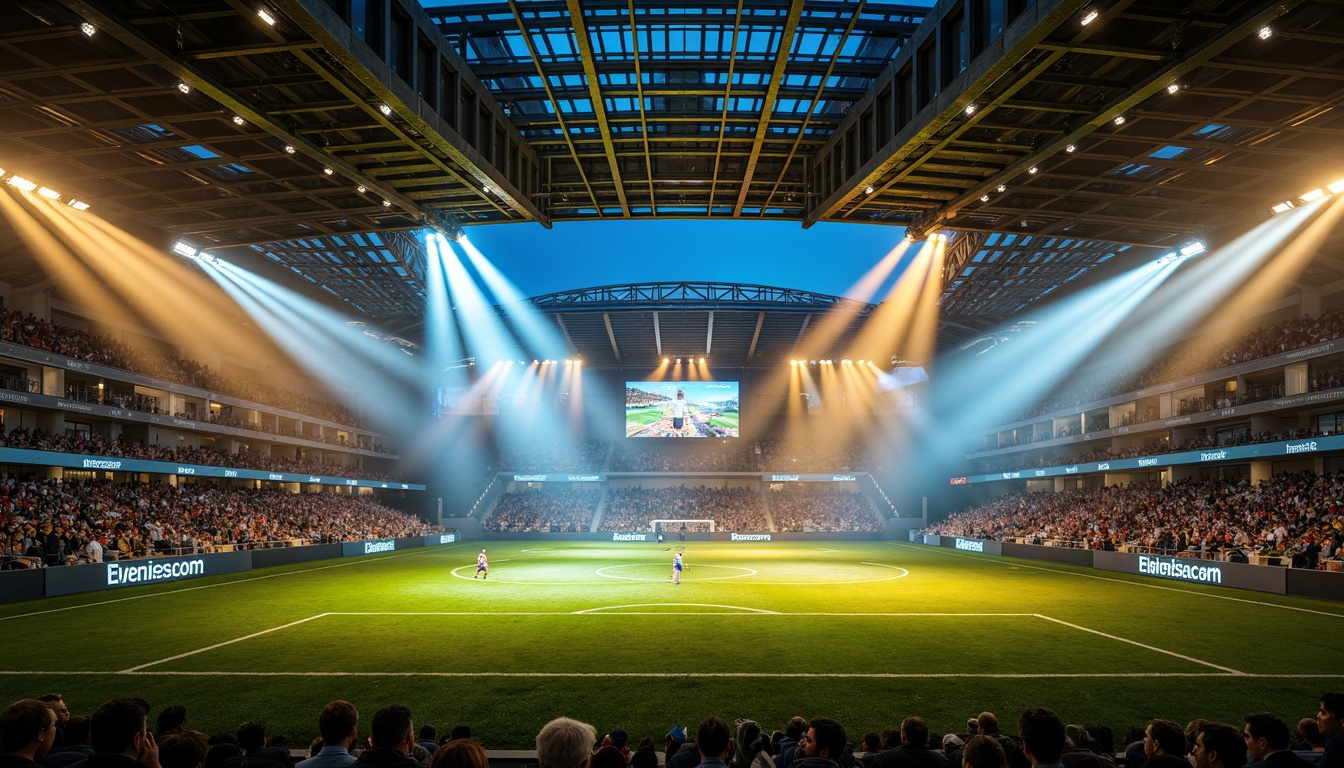 Prompt: Futuristic soccer stadium, sleek metal beams, vibrant LED lights, dynamic color changing effects, high-intensity floodlights, dramatic spotlighting, atmospheric misting systems, lush green grass, modern scoreboard displays, giant video screens, energetic crowd atmosphere, warm golden lighting, shallow depth of field, 1/1 composition, realistic textures, ambient occlusion.