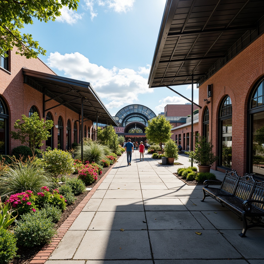 Prompt: Vibrant train station, eclectic landscaping, mixed botanicals, lush greenery, colorful flowers, ornate metal benches, intricate stonework, vintage lamp posts, industrial-chic signage, distressed brick walls, modern glass canopies, grand entrance archways, bustling urban atmosphere, warm sunny day, soft natural lighting, shallow depth of field, 1/2 composition, realistic textures, ambient occlusion.