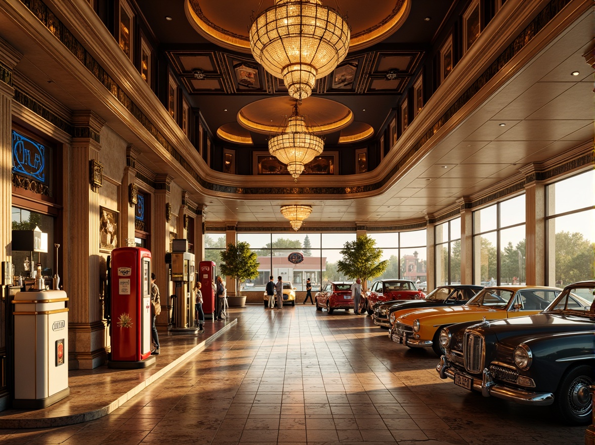 Prompt: Luxurious gas station, ornate metalwork, polished chrome accents, geometric patterned tiles, rich marble floors, lavish chandeliers, curved lines, metallic sheen, vintage car displays, retro-futuristic ambiance, warm golden lighting, shallow depth of field, 1/1 composition, symmetrical framing, high-contrast colors, intricate moldings, ornamental typography, opulent decorations, nostalgic atmosphere.